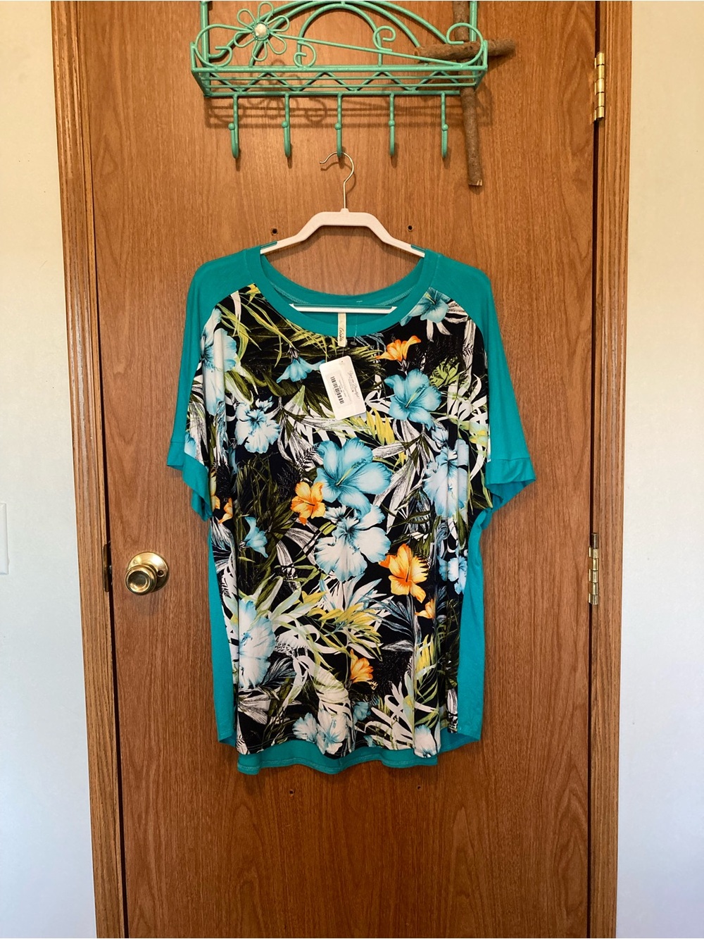 Celeste Teal Tropical Floral Raglan Tee with Black Panel